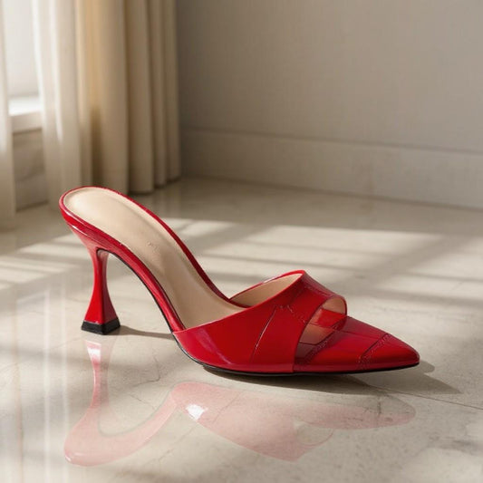 Red Patent Leather Mule Heels, Peep Toe Slip On Shoes, High Heel Dress Mules, Elegant Red Pumps