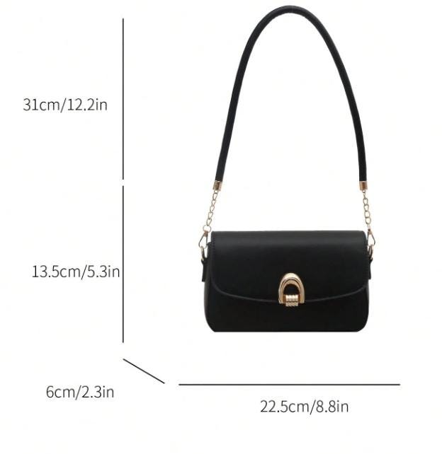 Black Structured Top Handle Bag, Flap Shoulder Purse, Gold Clasp Handbag