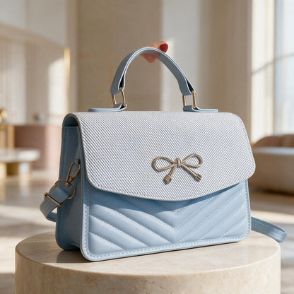 Light Blue Bow Handbag, Quilted Crossbody Purse, Powder Blue Shoulder Bag, Structured Flap Bag, Top Handle Purse