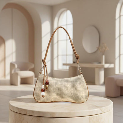 Woven Shoulder Bag, Boho Summer Purse, Beige Hobo Bag, Beaded Detail Handbag, Casual Beach Bag