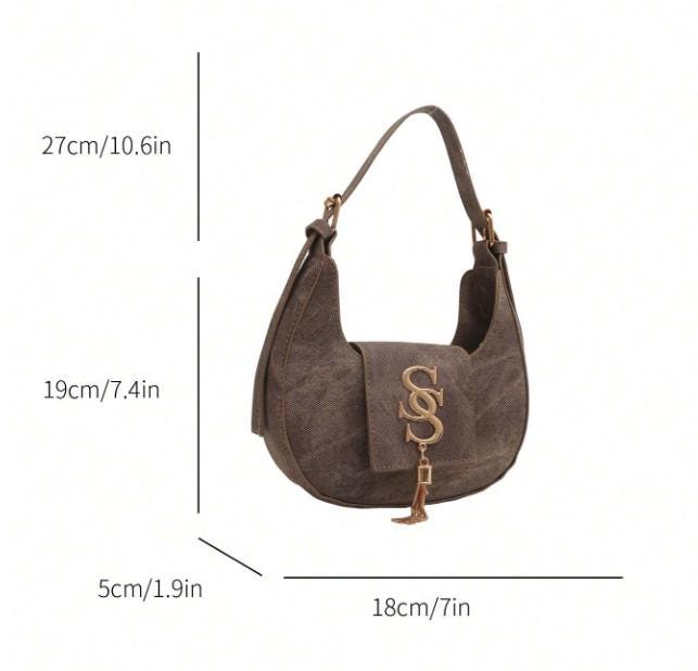 Brown Shoulder Bag, Monogram Flap Purse, Y2K Hobo Handbag, Tassel Detail Bag