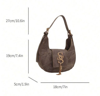 Brown Shoulder Bag, Monogram Flap Purse, Y2K Hobo Handbag, Tassel Detail Bag