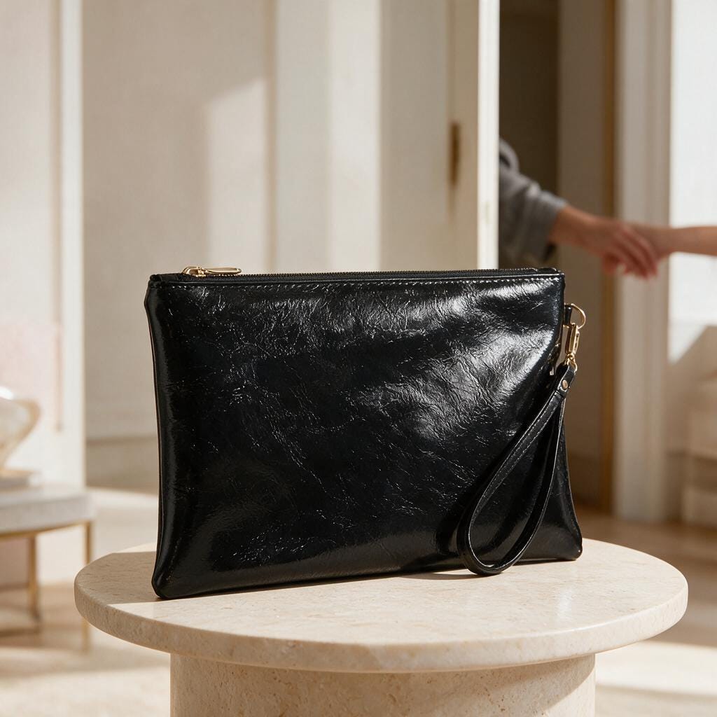 Black Oversized Clutch Bag, Glossy Evening Purse, Large Black Pouch Bag, Minimalist Handbag, Zip Top Night Out Clutch