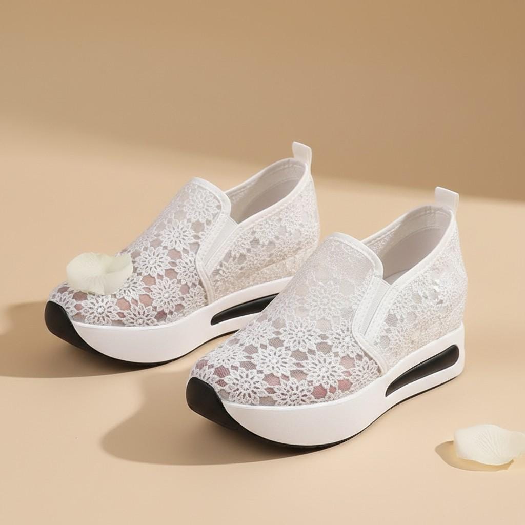 White Lace Bridal Wedge Sneakers, Floral Platform Wedding Shoes