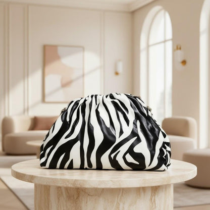 Zebra Print Clutch Bag, Black White Slouchy Purse, Animal Print Evening Bag