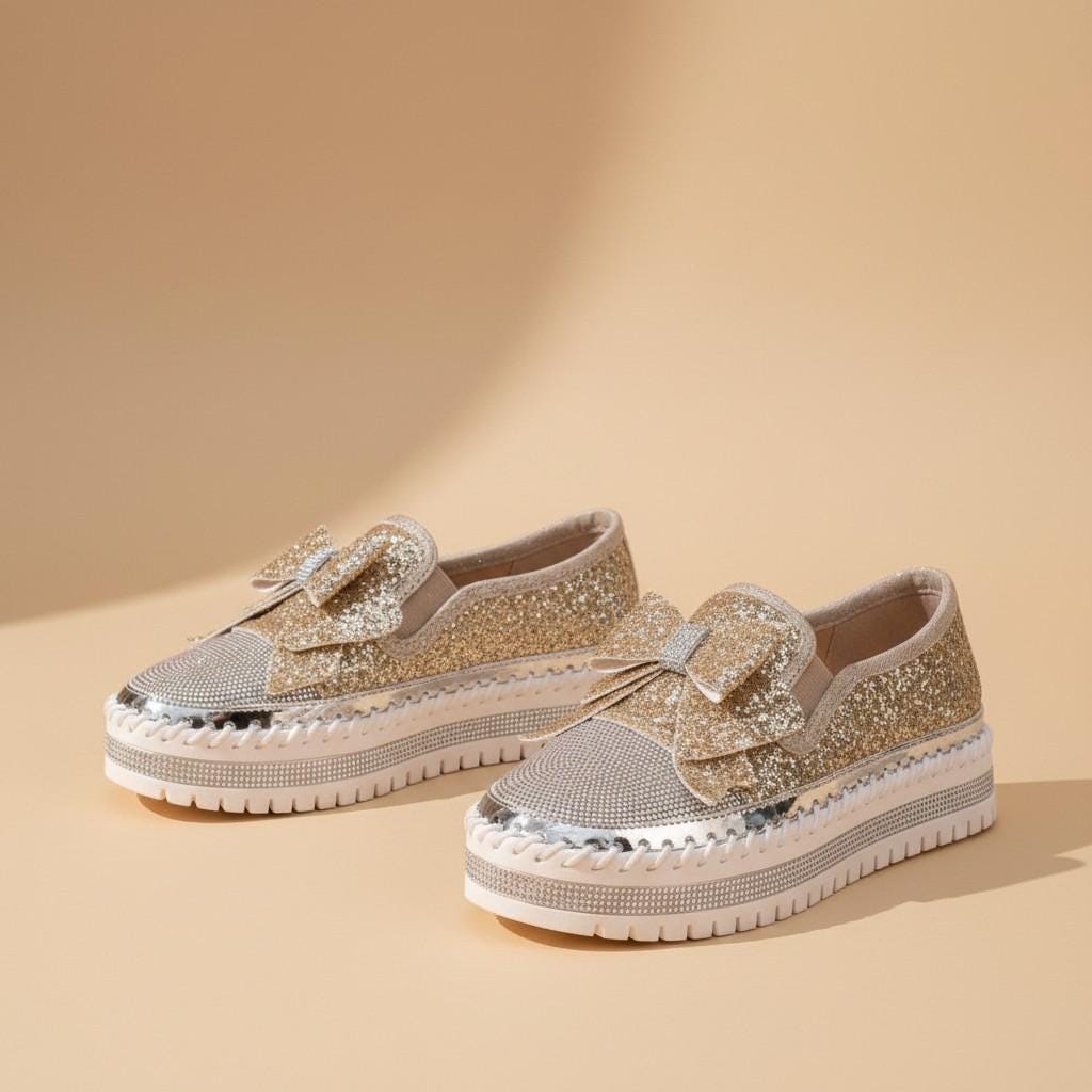 Gold Glitter Platform Loafers, Women's Bow Slip On Shoes