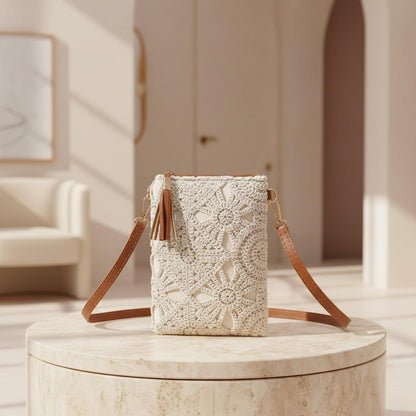 Cream Crochet Crossbody Bag, Boho Lace Purse for Women, Small Shoulder Bag, Summer Vacation Handbag