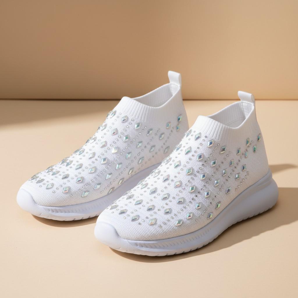 Rhinestone Sneakers for Women, Embellished Knit Slip On Shoes, White Sparkle Casual Sneakers