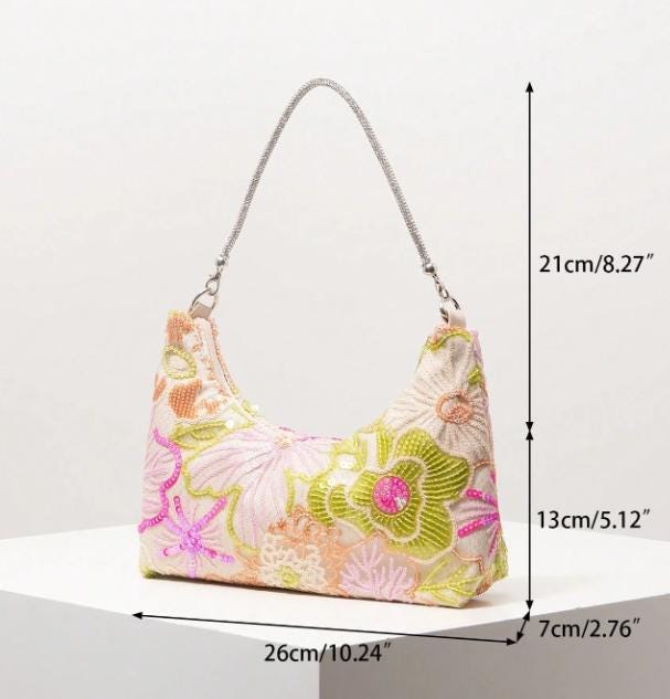 Embroidered Floral Shoulder Bag, Beaded Baguette Purse, Pastel Handbag, Colorful Summer Bag
