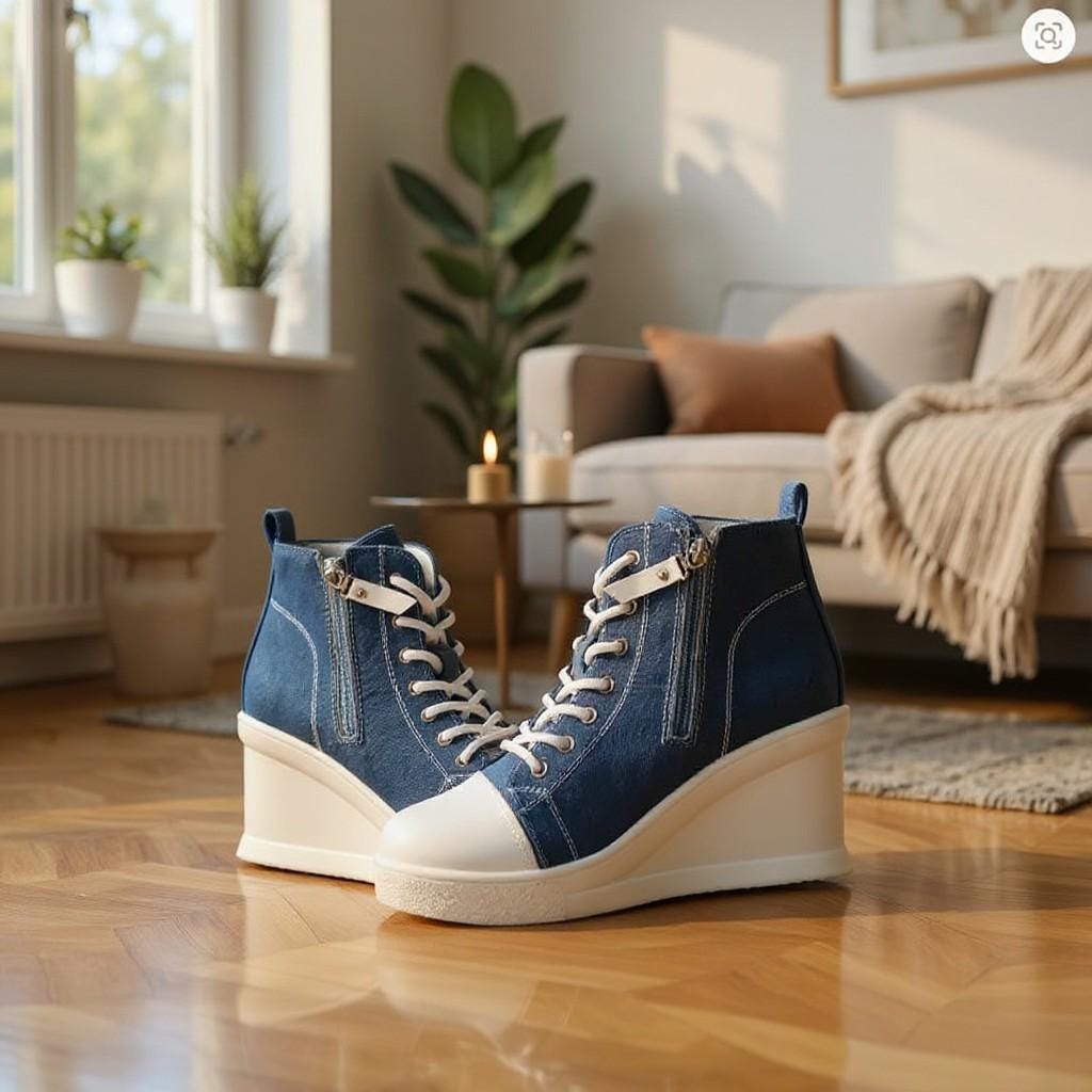 Blue Denim Wedge Sneakers, High Top Platform Shoes, Lace Up Jeans Sneakers, Women's Casual Fashion Shoes