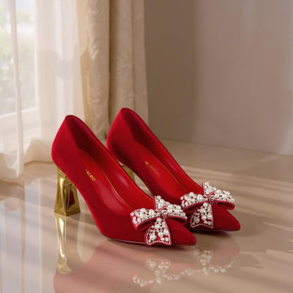Red Bow Heels, Jeweled Pointed Toe Pumps, Pearl Embellished Block Heel Shoes