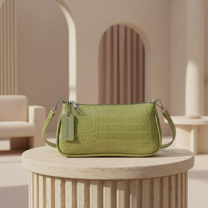 Green Croc Shoulder Bag, Mini Crossbody Purse for Women, Small Zip Handbag, Trendy Everyday Bag