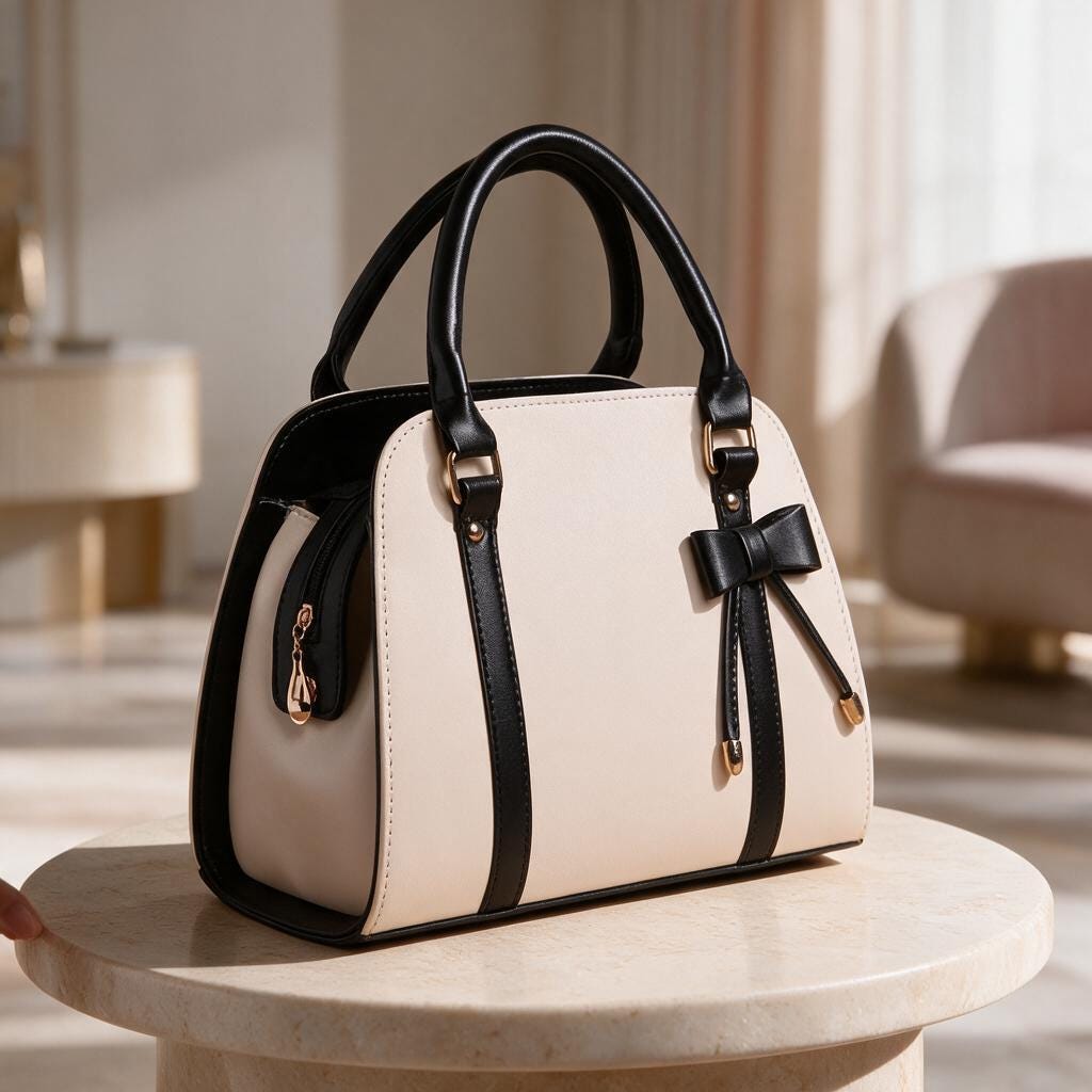 Cream Black Handbag, Two Tone Bow Purse, Structured Satchel Bag, Black Trim Top Handle Bag, Elegant Women's Handbag