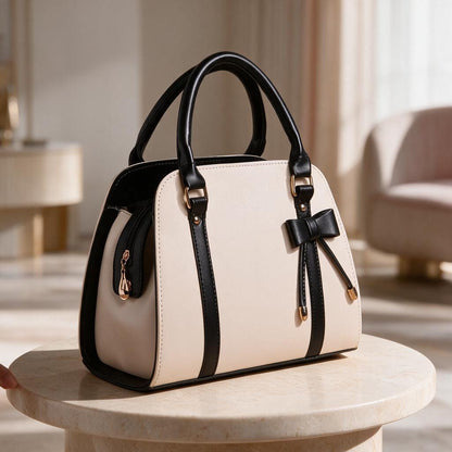 Cream Black Handbag, Two Tone Bow Purse, Structured Satchel Bag, Black Trim Top Handle Bag, Elegant Women's Handbag