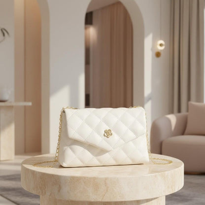 White Quilted Shoulder Bag, Gold Chain Purse, Floral Clasp Handbag, Diamond Quilted Crossbody Bag, Elegant Flap Bag