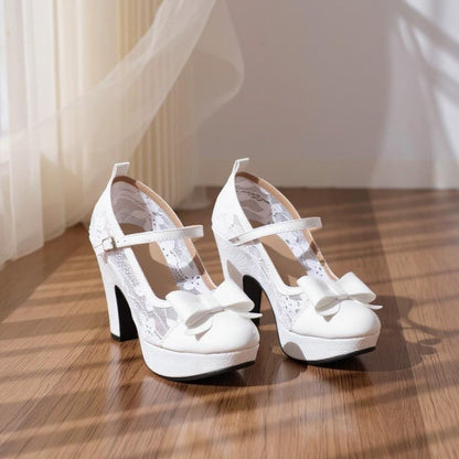 White Lace Mary Jane Heels, Bridal Bow Platform Pumps, Wedding Shoes
