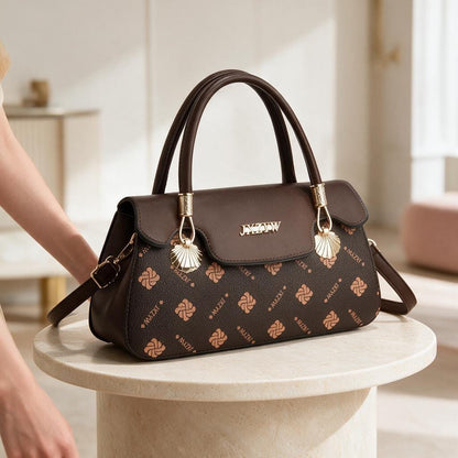 Brown Patterned Handbag, Structured Top Handle Purse, Monogram Style Shoulder Bag, Brown Crossbody Satchel, Women's Bag