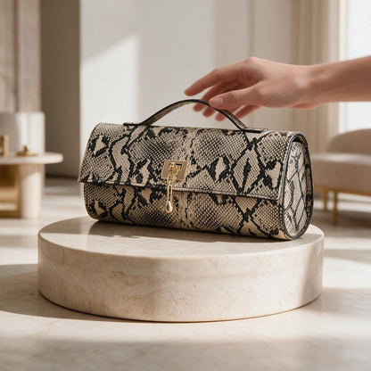 Snake Print Clutch Bag, Snakeskin Inspired Evening Purse, Beige Statement Handbag, Structured Top Handle Bag, Animal Print Clutch