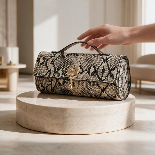 Snake Print Clutch Bag, Snakeskin Inspired Evening Purse, Beige Statement Handbag, Structured Top Handle Bag, Animal Print Clutch