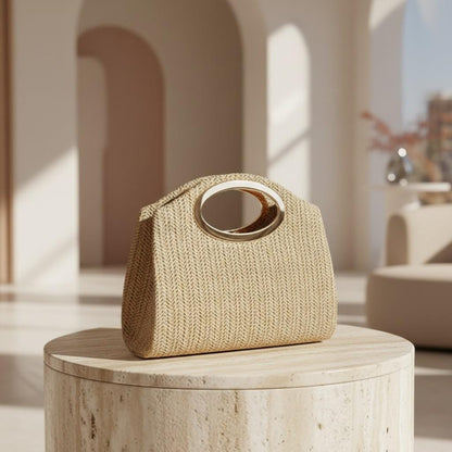 Woven Top Handle Bag, Beige Handbag, Natural Textured Purse, Gold Ring Handle