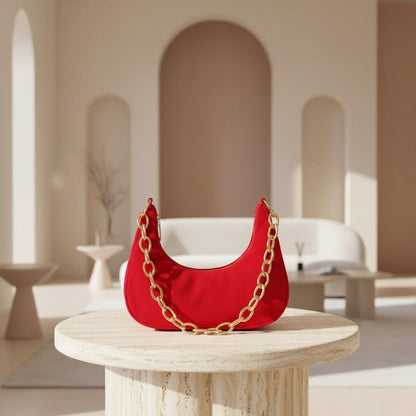 Red Shoulder Bag for Women, Small Crescent Purse, Gold Chain Handbag, Minimalist Evening Bag, Trendy Red Purse