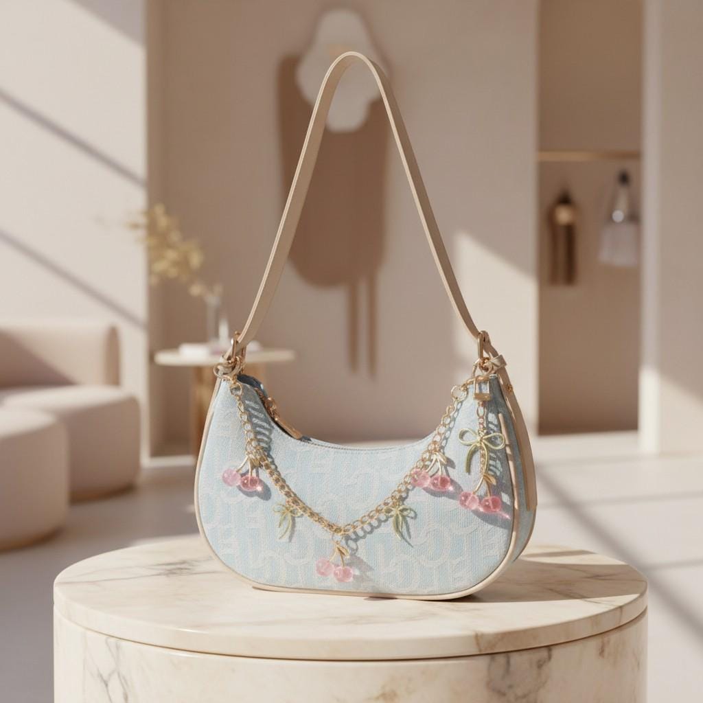 Blue Denim Shoulder Bag, Cherry Charm Purse, Y2K Baguette Handbag, Cute Mini Summer Bag