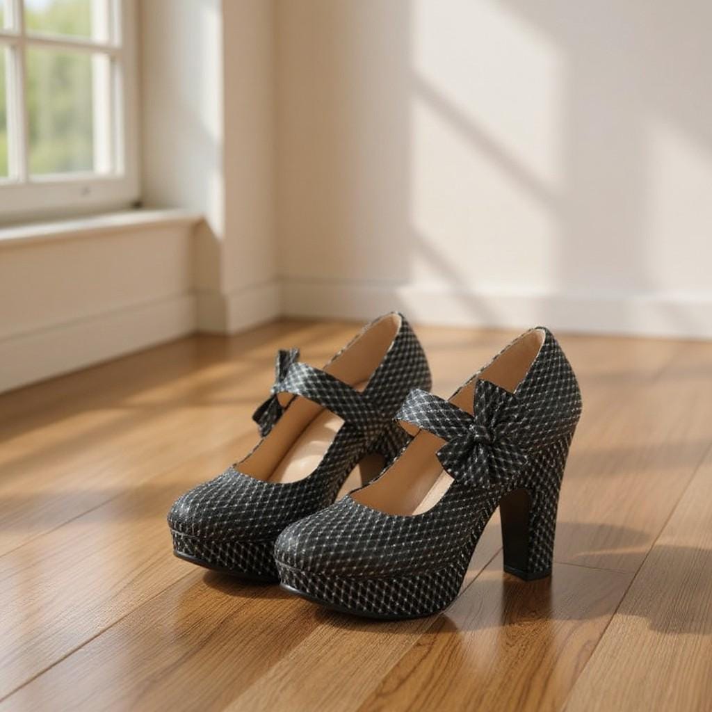 Black Mary Jane Platform Heels, Bow Block Heel Pumps, Checkered Dress Shoes