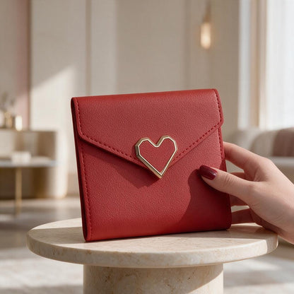 Red Heart Clasp Wallet, Small Womens Wallet, Compact Flap Purse