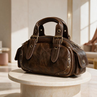 Vintage Brown Handbag, Distressed Bowling Bag, Retro Satchel Purse, Structured Top Handle Bag, Brown Womens Handbag