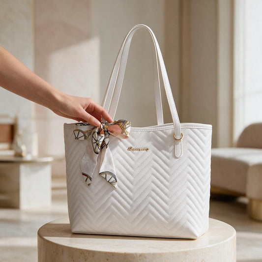 White Quilted Tote Bag, Chevron Shoulder Handbag, Women's Purse Set, White Tote with Matching Mini Bag, Everyday Carryall