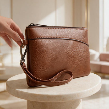 Brown Wristlet Clutch Bag, Leather Look Pouch Purse, Casual Brown Handbag, Zip Wristlet, Minimalist Everyday Clutch