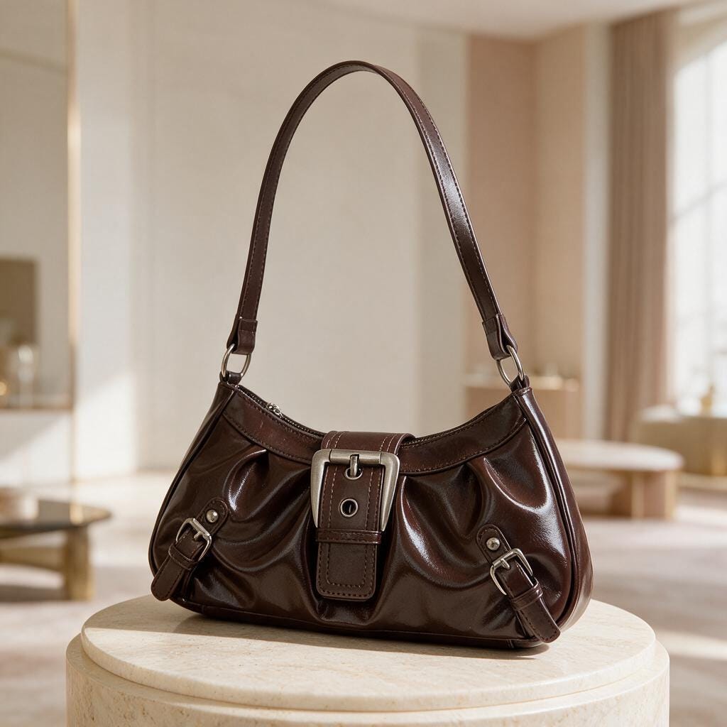 Dark Brown Shoulder Bag, Buckle Baguette Purse, Y2K Handbag, Vintage Inspired Small Bag