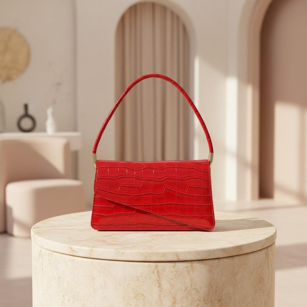 Red Croc Print Top Handle Bag, Structured Handbag for Women, Small Red Purse, Statement Evening Bag