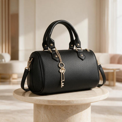 Black Structured Satchel, Women's Top Handle Bag, Crossbody Handbag, Black Shoulder Purse, Key Charm Bag, Elegant Handbag