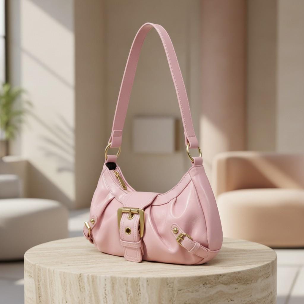 Pink Shoulder Bag, Y2K Hobo Purse, Pink Baguette Bag, Gold Buckle Handbag, Retro Pink Purse