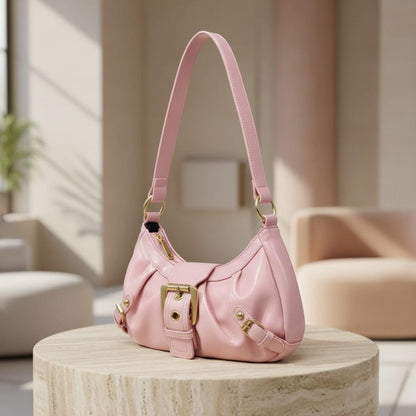 Pink Shoulder Bag, Y2K Hobo Purse, Pink Baguette Bag, Gold Buckle Handbag, Retro Pink Purse