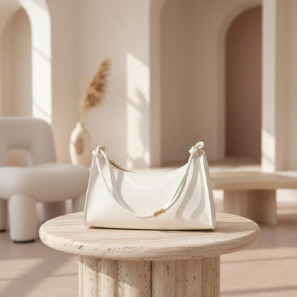 White Baguette Shoulder Bag, Glossy White Purse, Minimalist Y2K Handbag, Curved Underarm Bag, Women's Trendy Bag