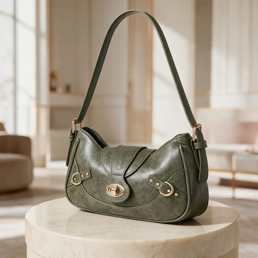 Olive Green Shoulder Bag, Y2K Vintage Purse, Buckle Baguette Handbag, Retro Bag
