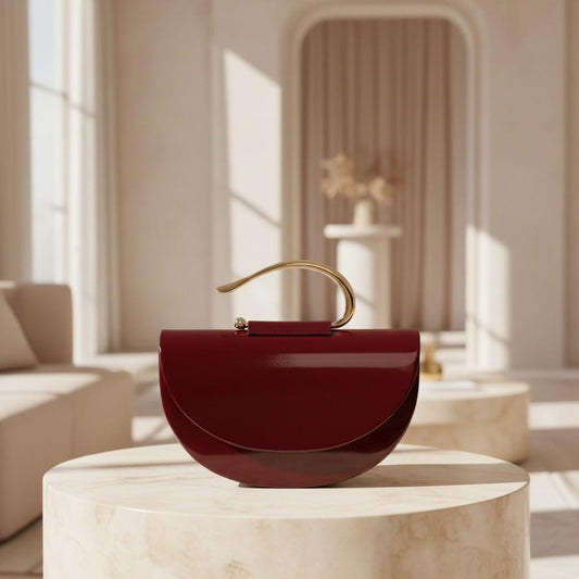Burgundy Glossy Top Handle Bag, Half Moon Shoulder Purse, Wine Red Handbag, Gold Handle Evening Bag