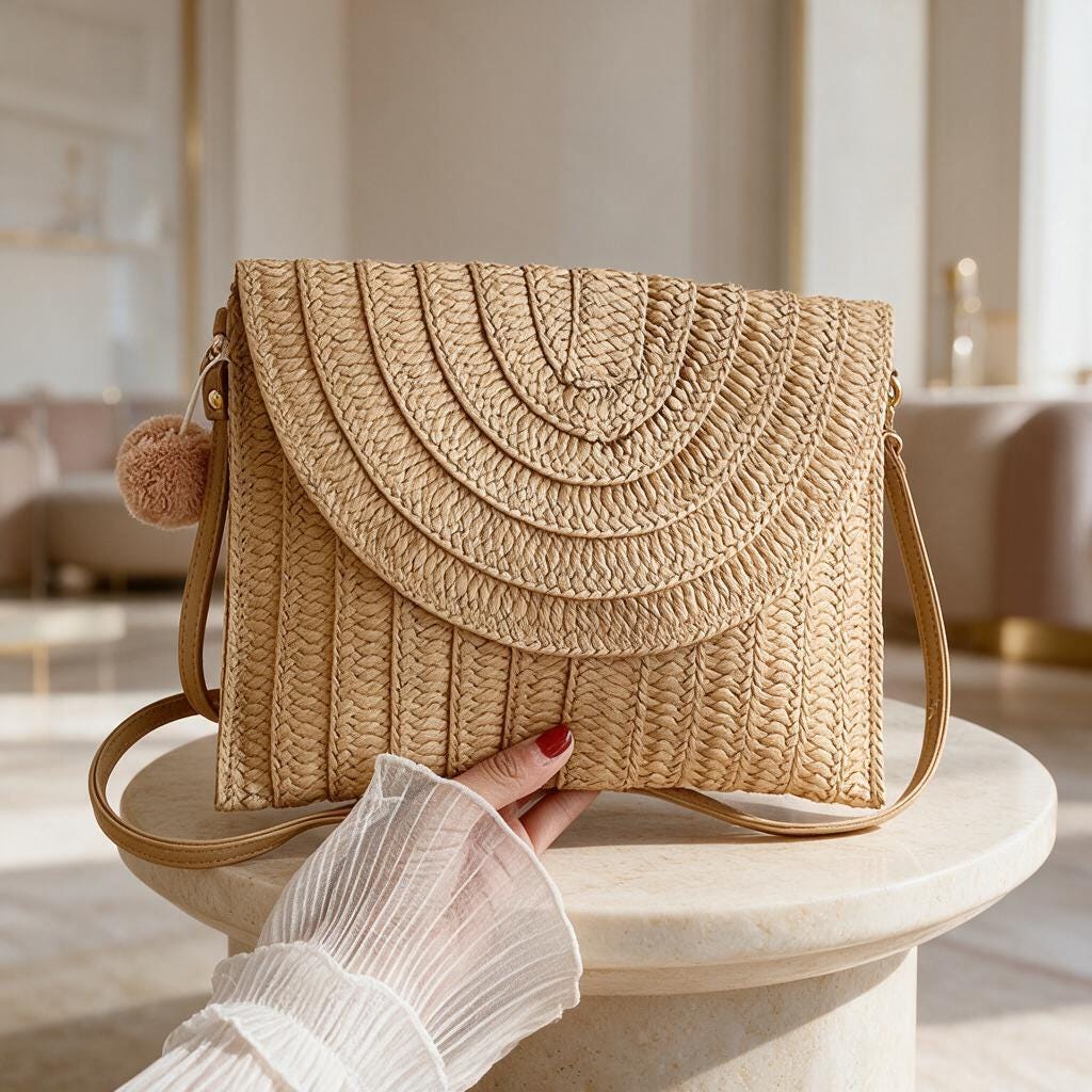 Woven Straw Crossbody Bag, Boho Summer Shoulder Purse, Natural Rattan Style Handbag, Woven Flap Bag, Beach Vacation Bag