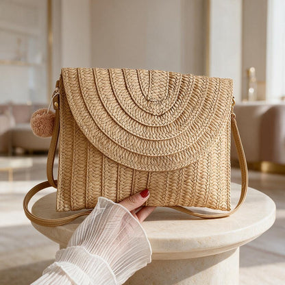 Woven Straw Crossbody Bag, Boho Summer Shoulder Purse, Natural Rattan Style Handbag, Woven Flap Bag, Beach Vacation Bag