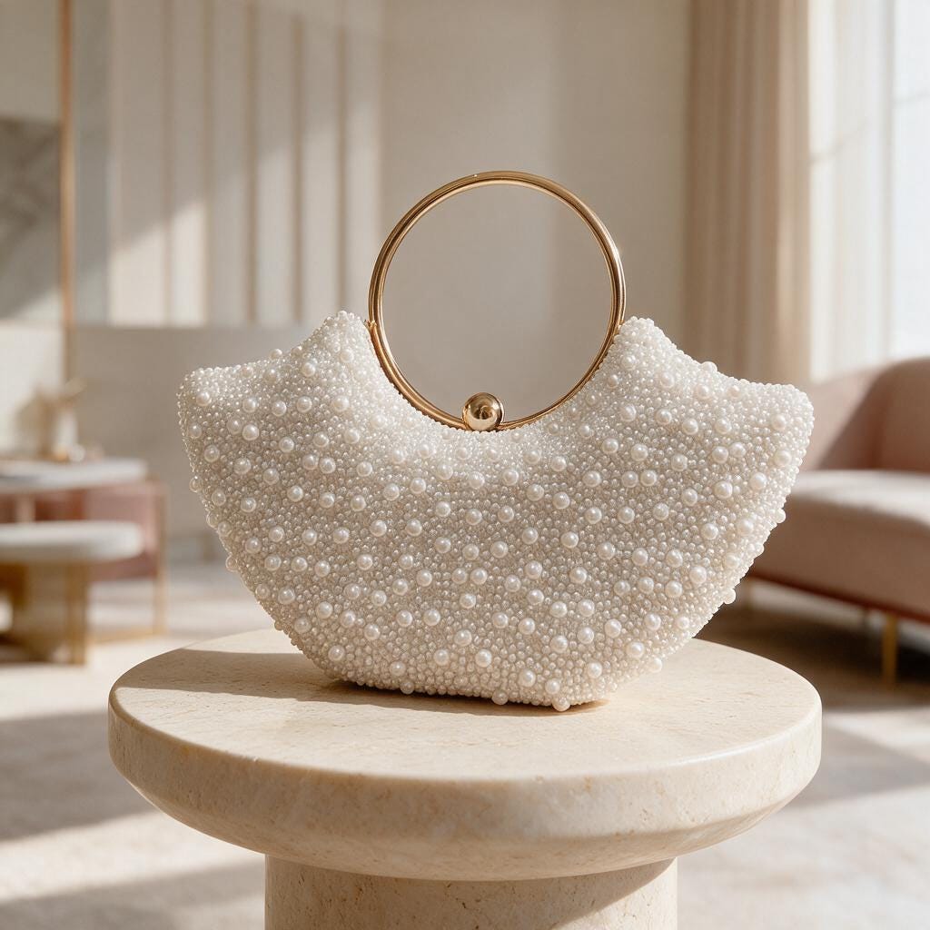 White Pearl Beaded Bag, Gold Ring Handle Evening Purse, Bridal Wedding Handbag