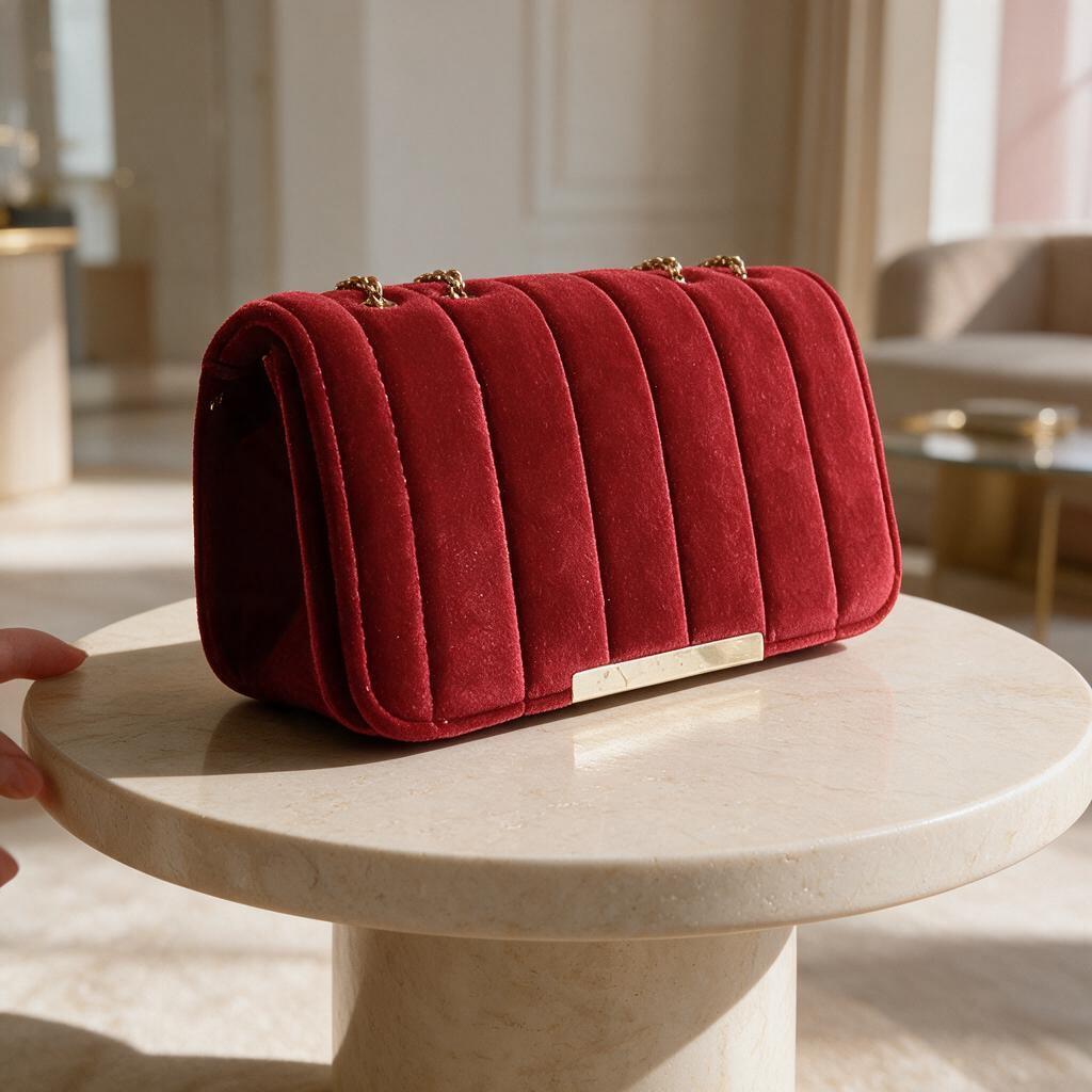 Red Velvet Shoulder Bag, Quilted Chain Strap Purse, Burgundy Evening Handbag, Velvet Crossbody Bag, Elegant Women's Bag