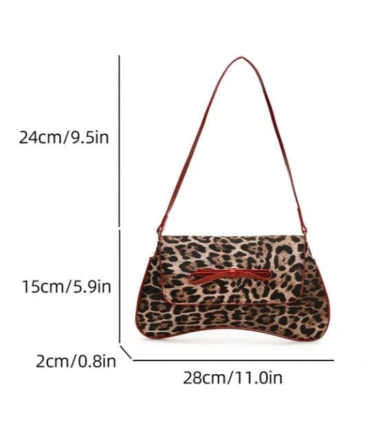 Leopard Print Baguette Bag, Y2K Shoulder Purse, Red Trim Animal Print Handbag, Small Underarm Bag, Retro Style Purse
