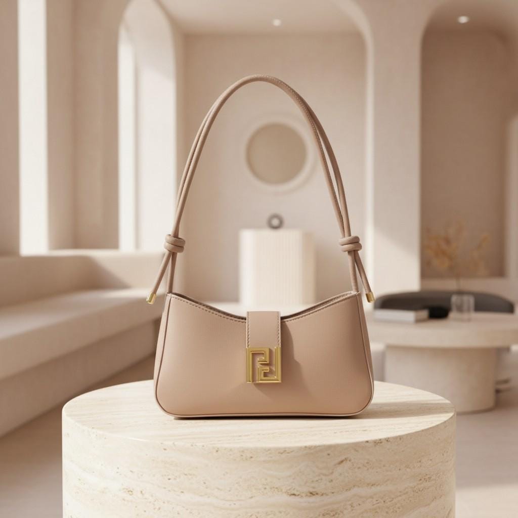 Taupe Baguette Shoulder Bag, Beige Handbag, Gold Clasp Purse, Y2K Underarm Bag, Minimalist Everyday Bag