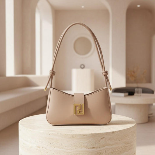 Taupe Baguette Shoulder Bag, Beige Handbag, Gold Clasp Purse, Y2K Underarm Bag, Minimalist Everyday Bag