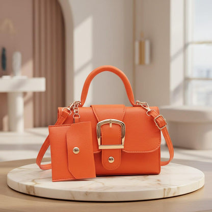 Orange Handbag for Women, Structured Shoulder Bag, Top Handle Crossbody Purse, Buckle Detail Everyday Bag