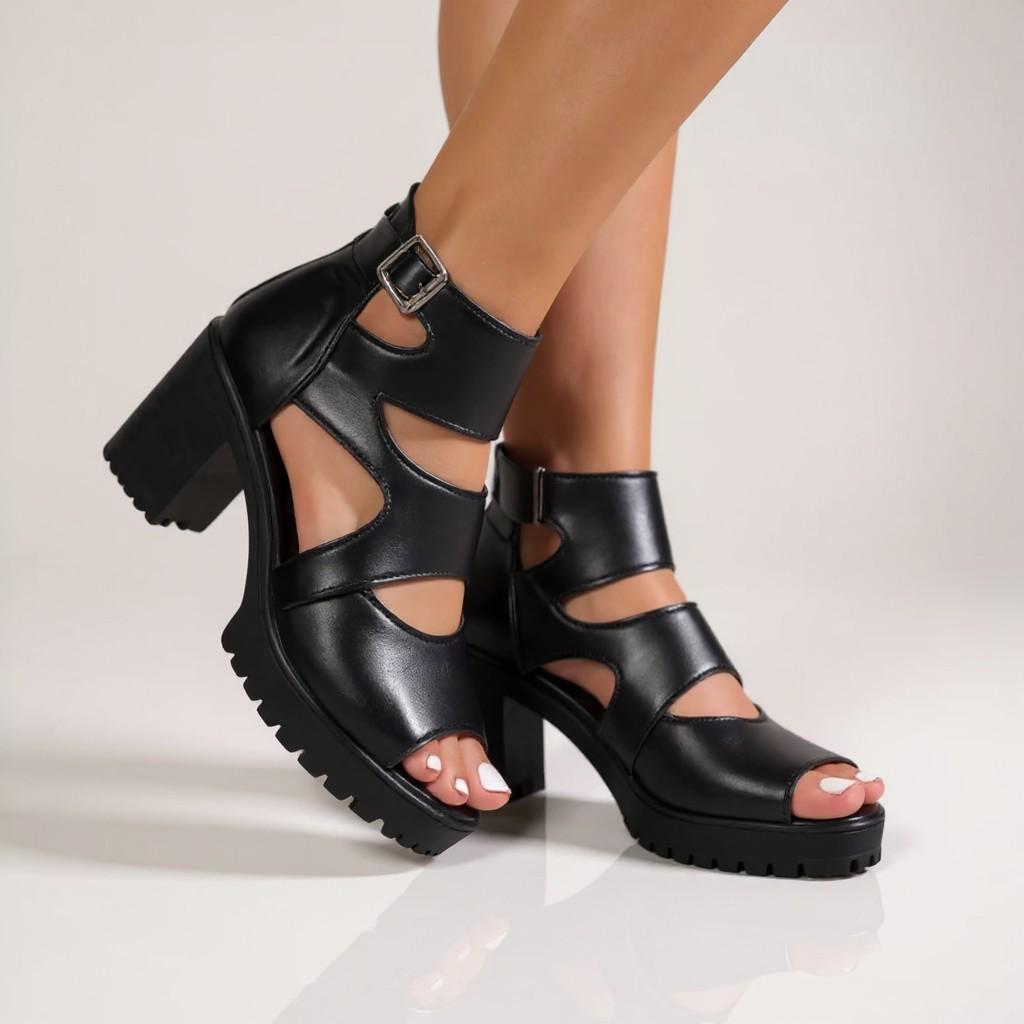Black Cage Platform Heels, Strappy Block Heel Sandals, Ankle Strap Open Toe Shoes
