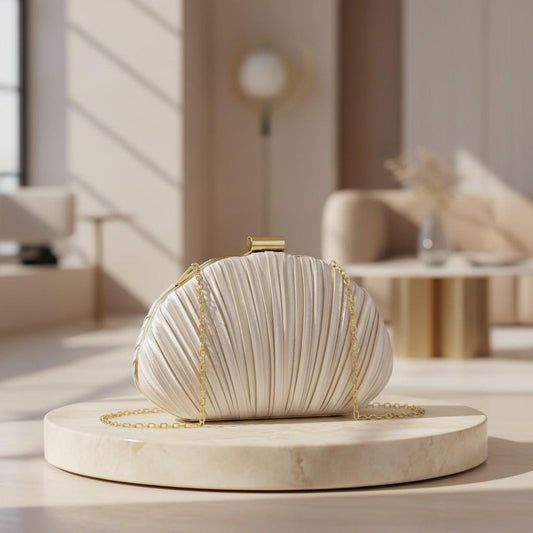 Ivory Shell Clutch Bag, Pleated Evening Purse with Gold Chain, Elegant Wedding Bridal Bag, Formal Party Handbag
