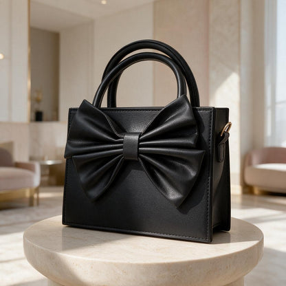 Black Bow Handbag, Structured Top Handle Purse, Large Bow Shoulder Bag, Elegant Womens Handbag, Feminine Crossbody Purse